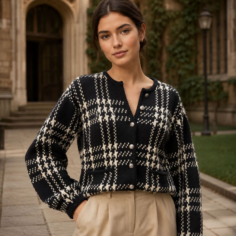 Vintage Houndstooth Old Money Preppy Academia Chunky Cardigan Knit Sweater